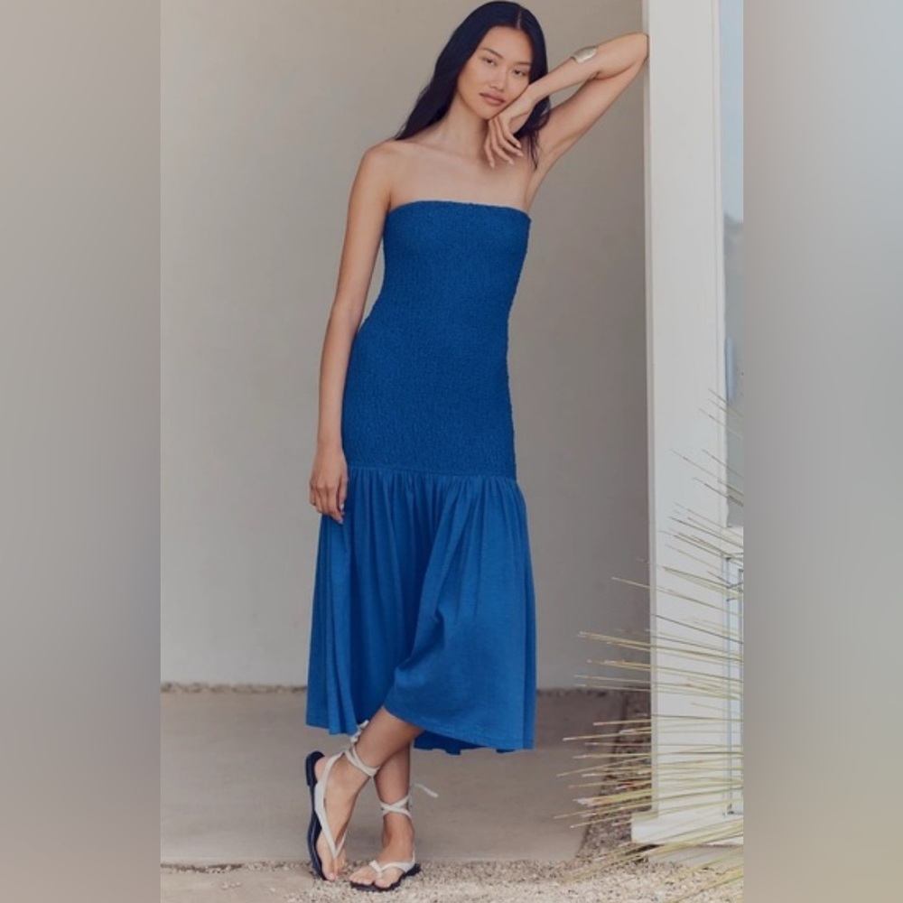 Anthropologie Celandine Strapless Popcorn Midi Blue Dress